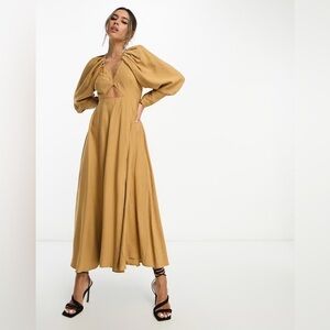 ASOS EDITION pleat shoulder midi dress with cut out back, camel, size 8